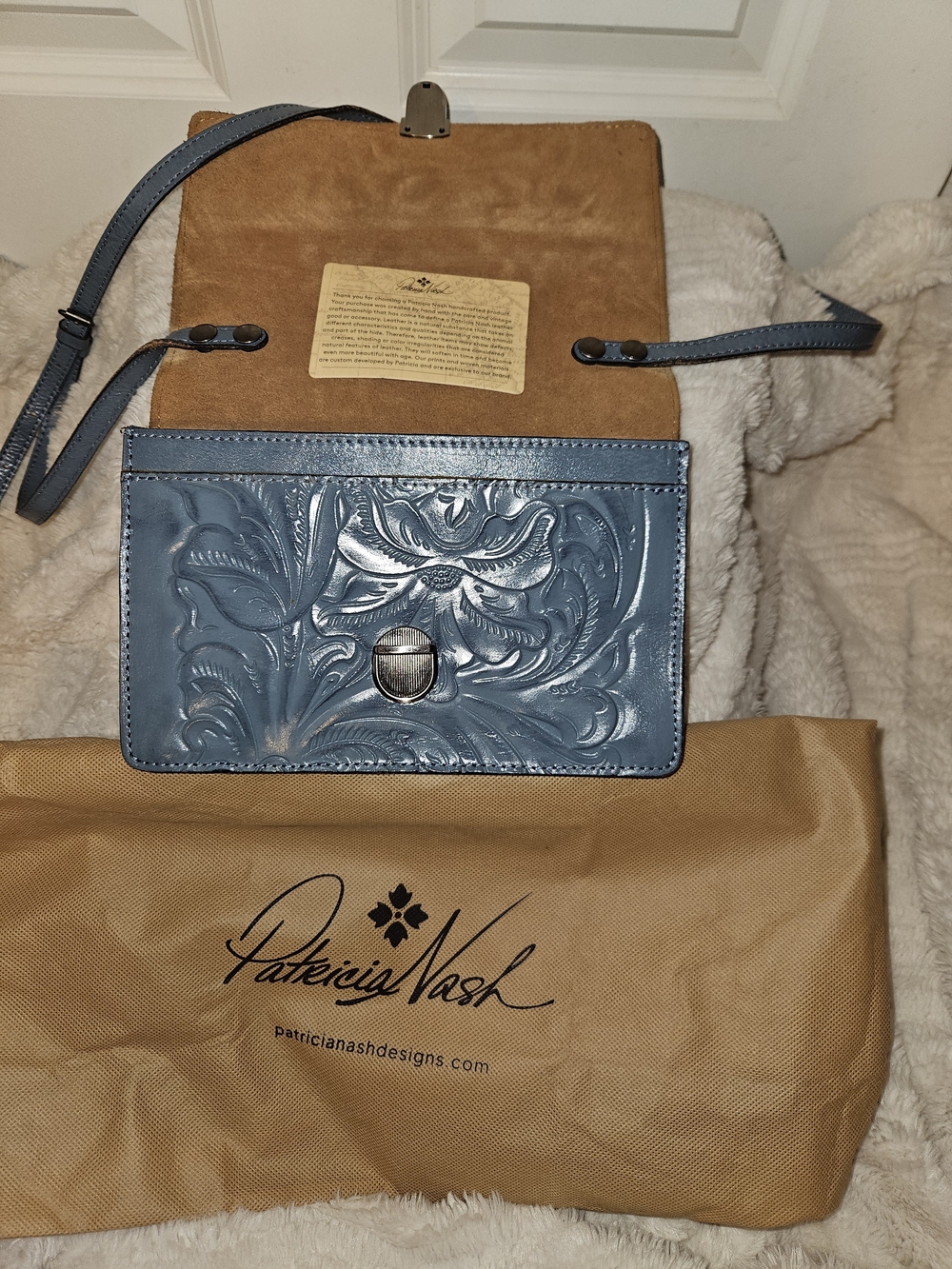 Patricia Nash Slate Blue Tooled Leather Crossbody Bag with Turn-Lock